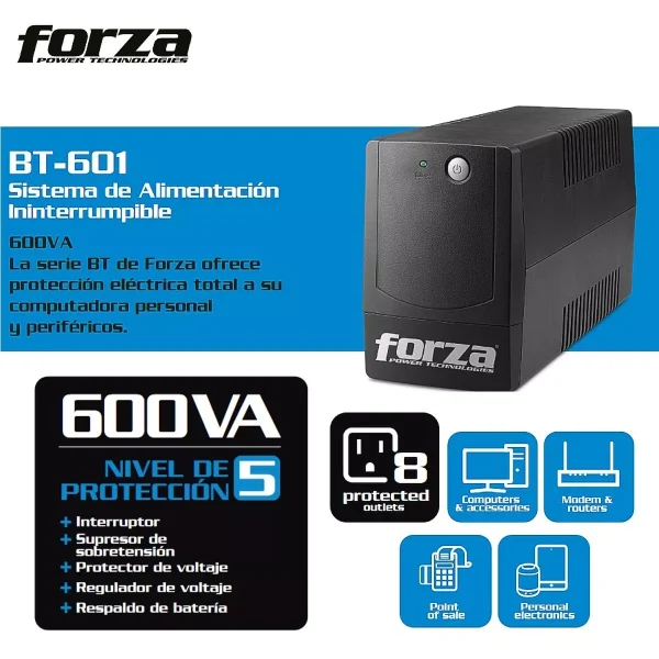 Ups Interactiva Forza BT-601 | 600va/360w | 8 Tomas | Regulador
